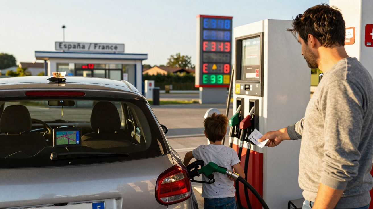 Homem e criança abastecem carro numa bomba de gasolina na fronteira Espanha França.