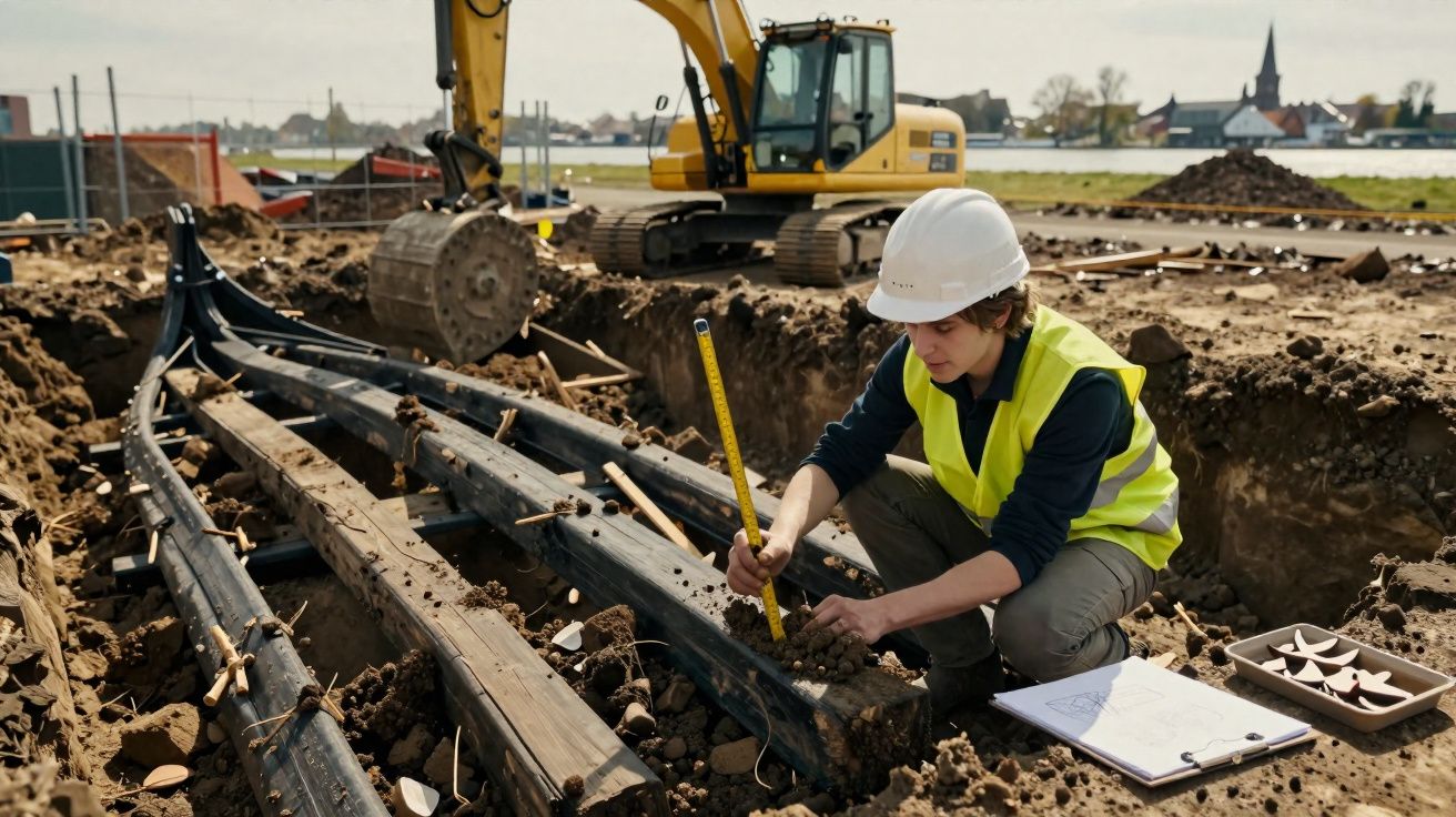 Trabalhador de obra com capacete e colete a medir estrutura de madeira no solo de uma escavação com escavadora ao fundo.