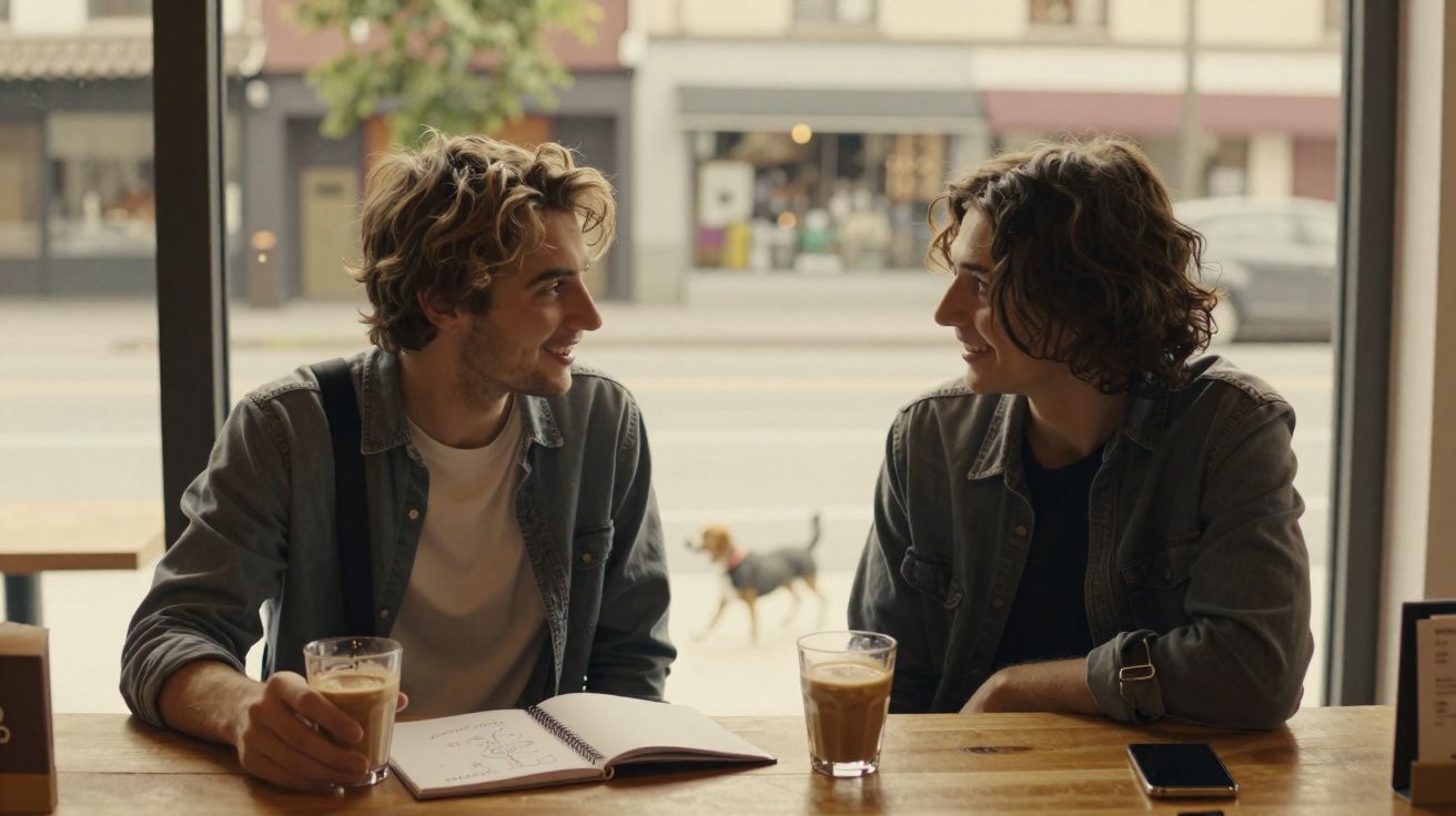 Dois jovens sentados a conversar numa mesa de café com bebidas e caderno, janela aberta para a rua.