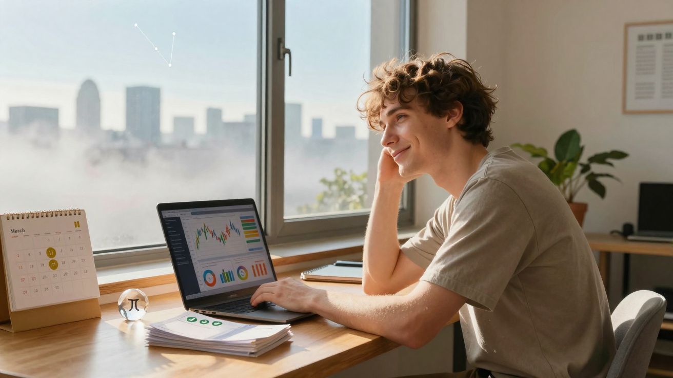 Jovem sentado a sorrir junto a uma janela, a trabalhar num computador portátil numa mesa com papéis e calendário.