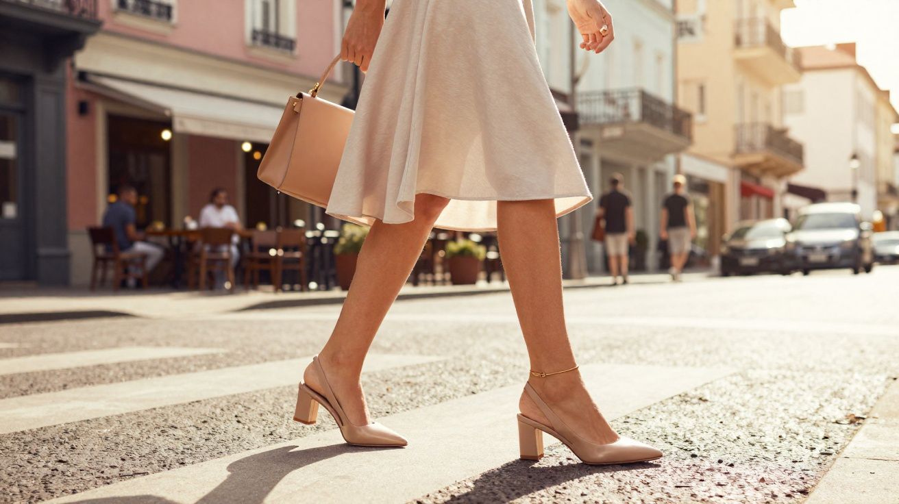 Mulher de saia clara e sapatos de salto caminha numa passadeira com mala castanha à mão numa rua urbana.