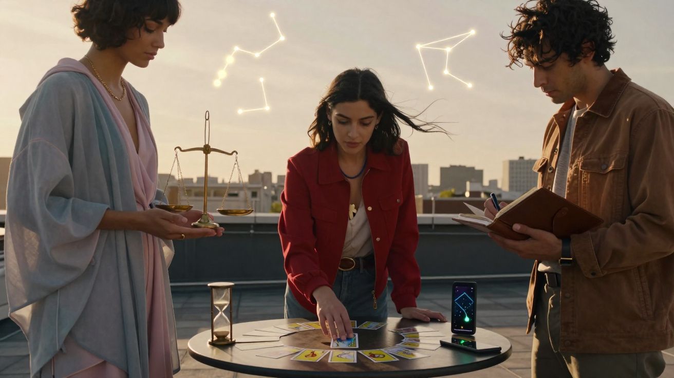 Três jovens consultam cartas do tarot ao ar livre, com símbolos astrológicos luminosos ao fundo.