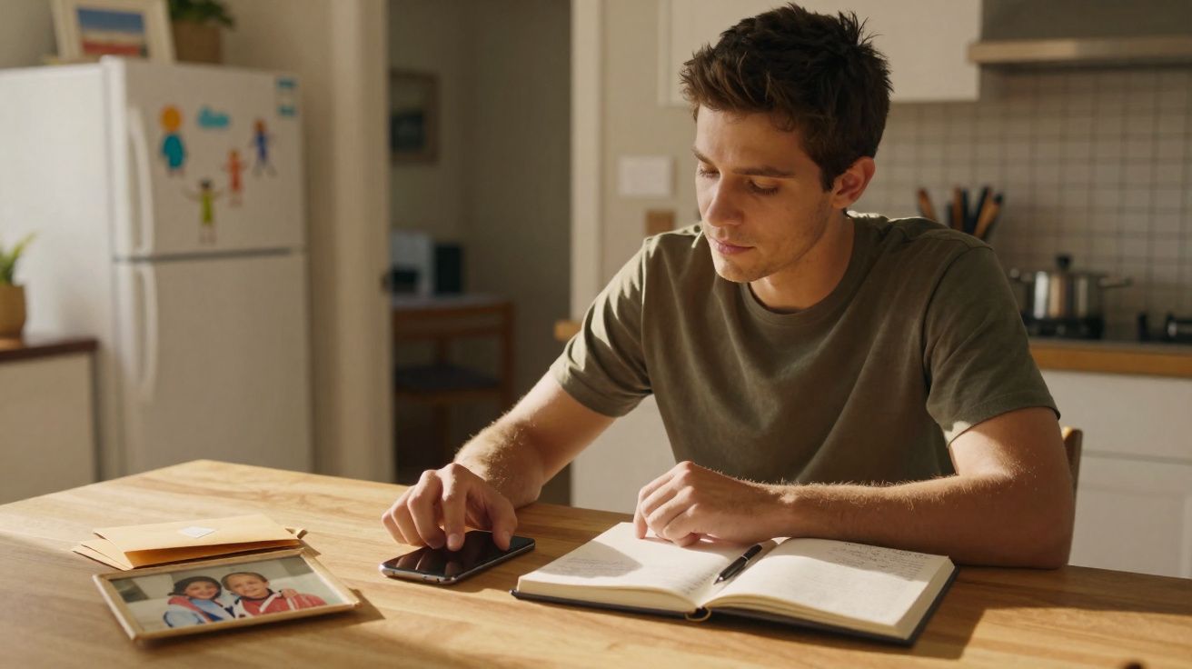 Jovem sentado à mesa da cozinha a olhar para o telemóvel com caderno aberto à sua frente.