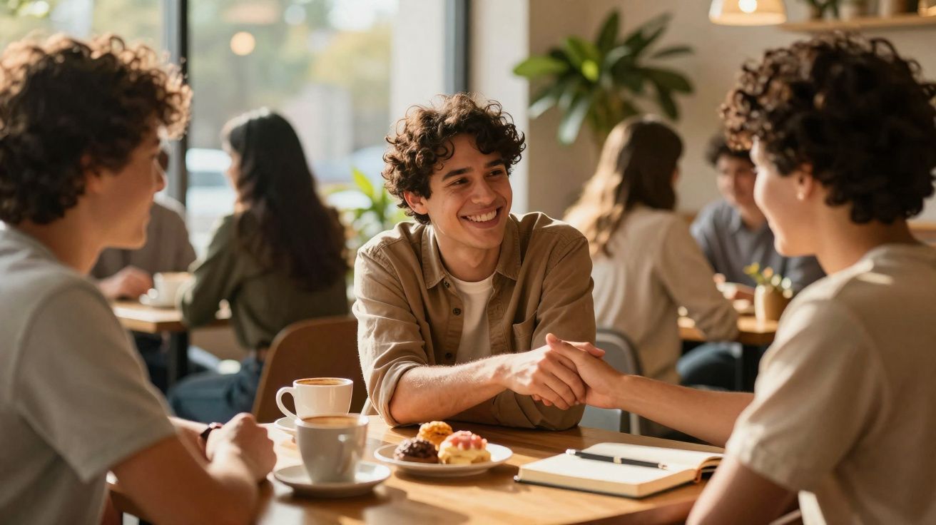 Dois jovens com cabelo encaracolado apertam as mãos num café, com café e doces na mesa.