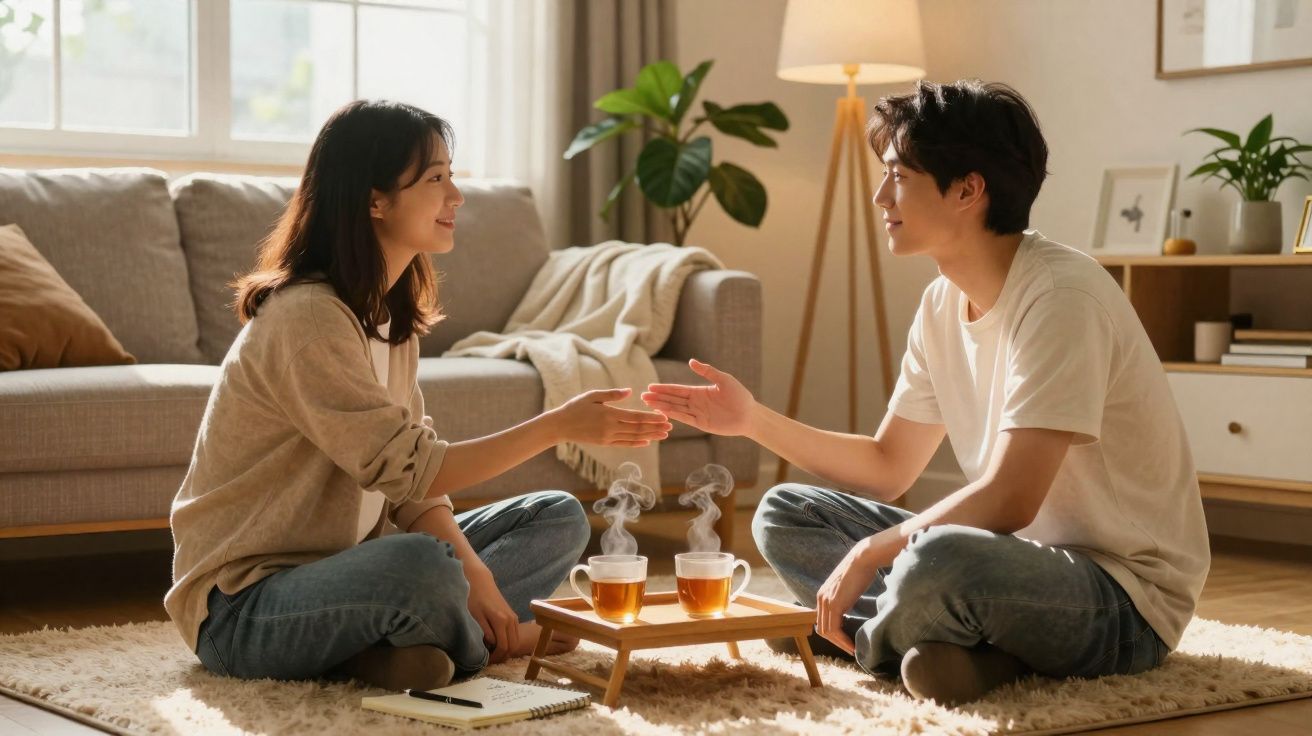 Casal sentado no chão em sala acolhedora, a fazer um brinde com chá quente num tabuleiro.