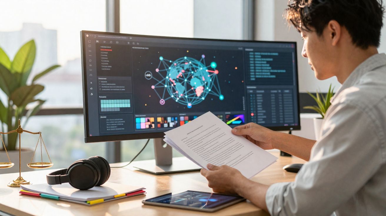 Pessoa a analisar documentos em escritório com computador que exibe gráficos globais digitais.