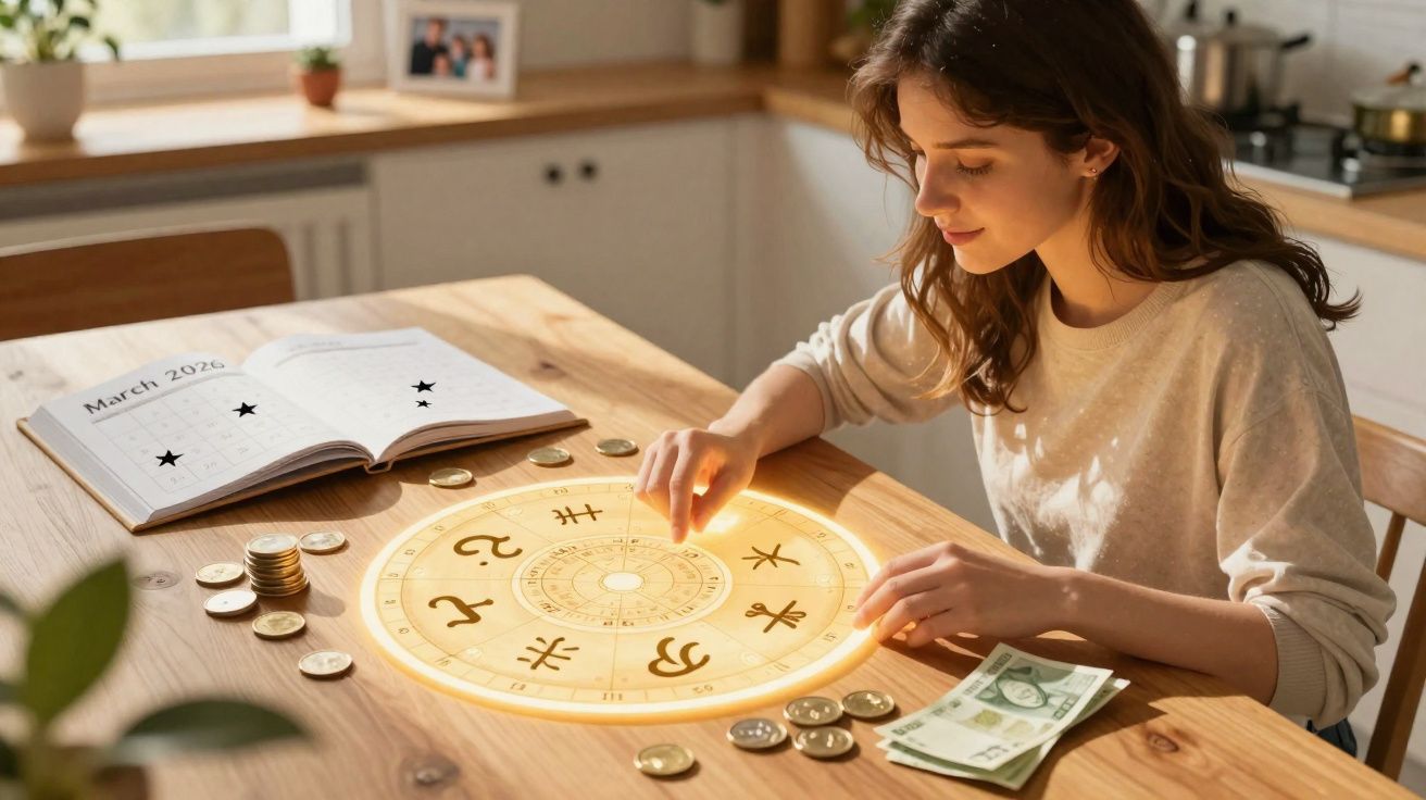 Mulher sentada à mesa com símbolos do zodíaco luminosos, moedas e notas, num ambiente acolhedor de cozinha.