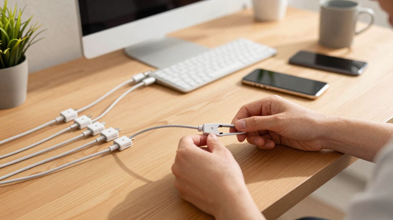 Mesa de escritório com repartidor de cabos USB e computador, telemóveis e canecas ao fundo.