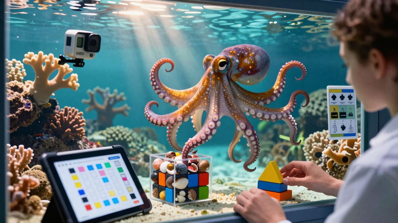 Polvo colorido interage com pessoa através do vidro de aquário com tablets e brinquedos educativos ao redor.