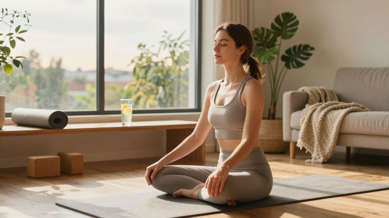 Mulher a meditar sentada em posição de lótus numa sala iluminada com plantas e móveis modernos.
