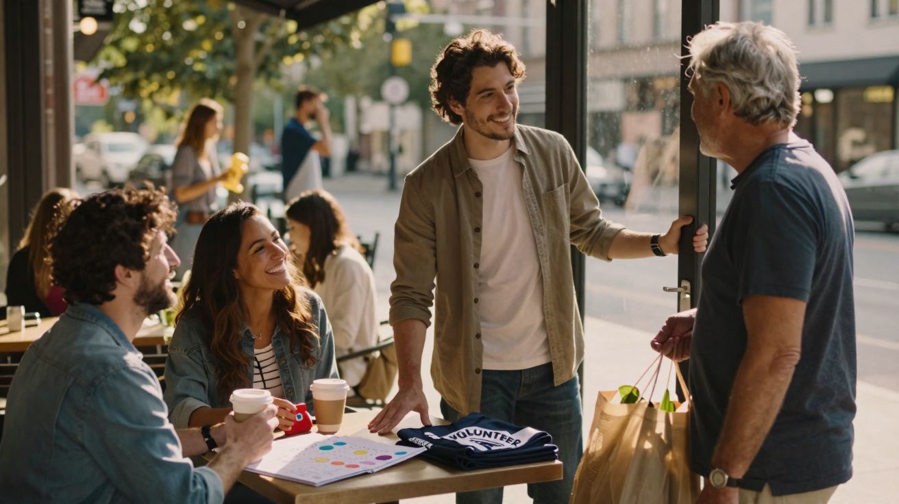 Grupo de jovens a conversar e beber café numa esplanada, com homem mais velho a entrar no espaço.