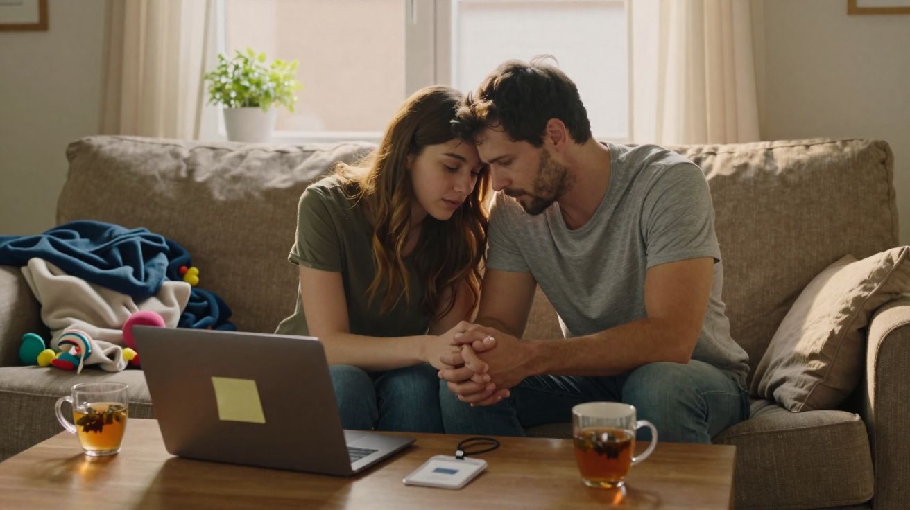 Casal sentado no sofá, de mãos dadas, com laptop e chá na mesa, aparentando momento de apoio emocional.