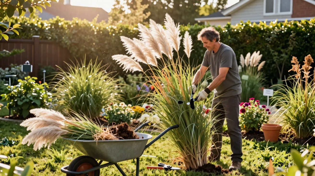 Homem a cuidar de plantas altas com flores brancas num jardim ensolarado, com uma carrinha cheia de terra.