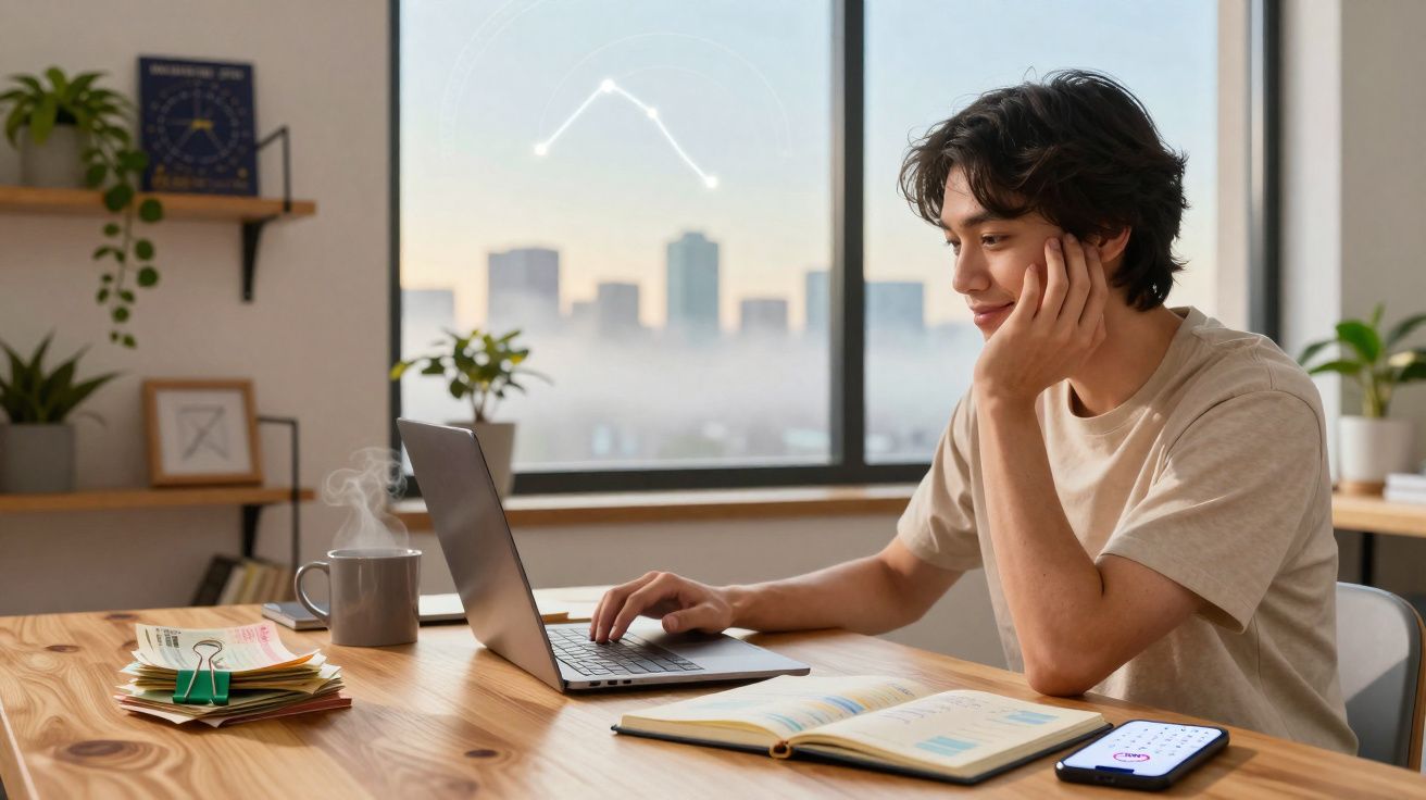 Jovem a trabalhar num portátil numa mesa com caderno aberto, café e telemóvel, com vista para a cidade.