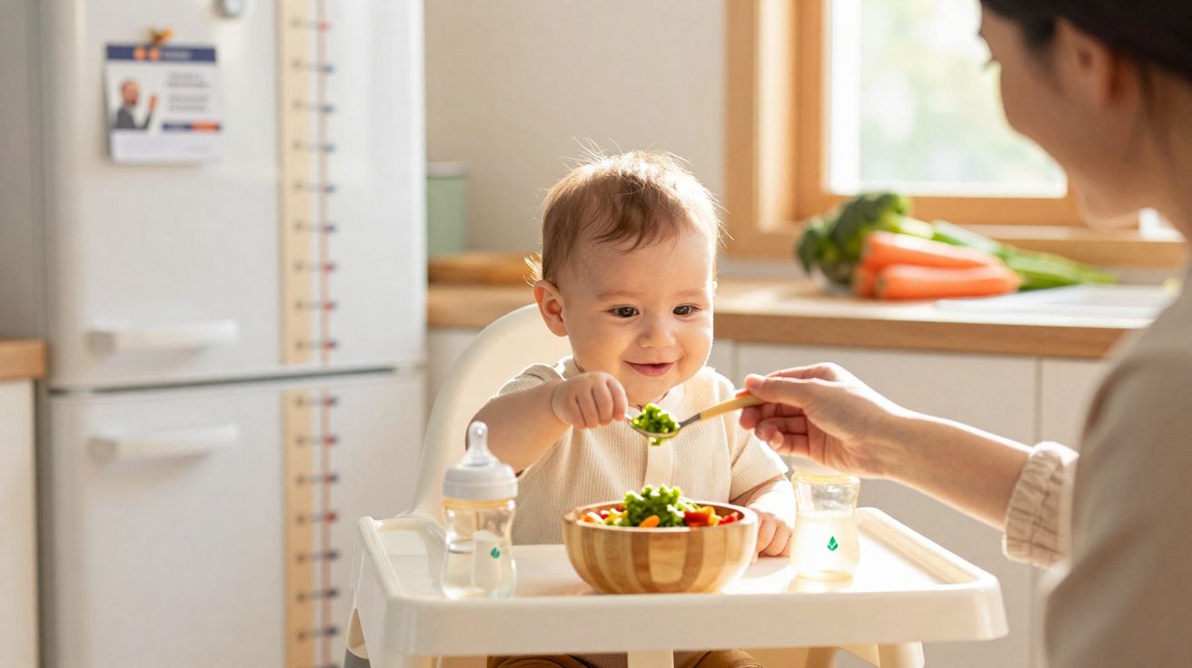 Bebé sentado na cadeirinha a comer legumes com ajuda de um adulto numa cozinha iluminada.