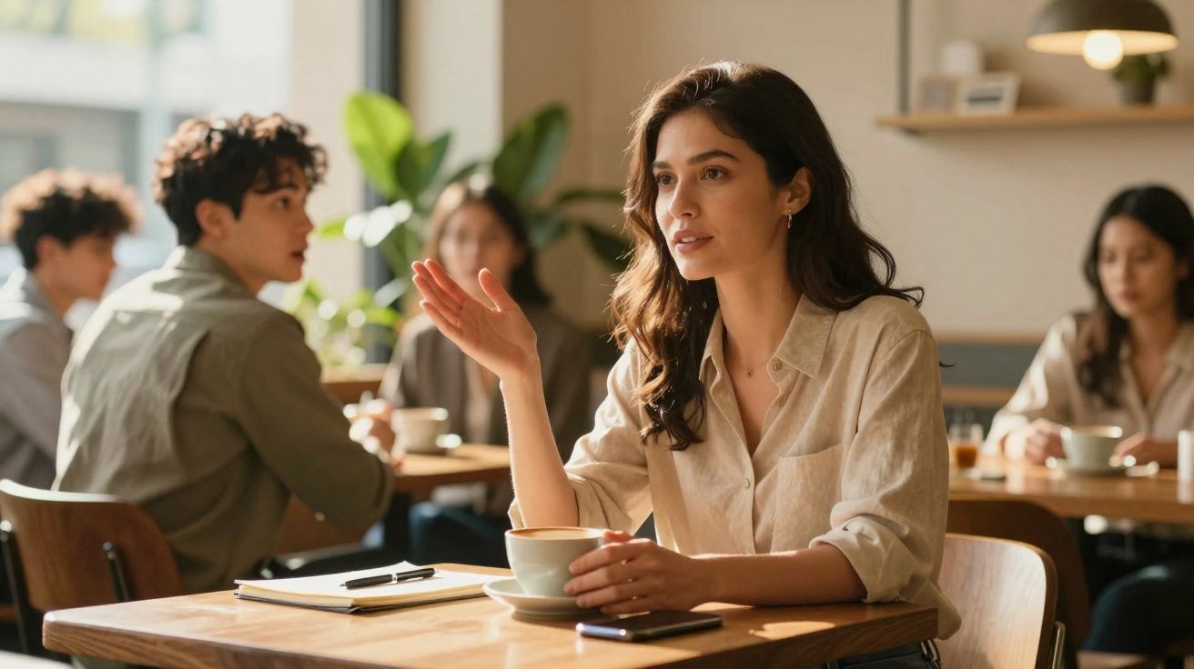 Mulher jovem sentada num café, conversa e segura uma chávena com outras pessoas ao fundo.