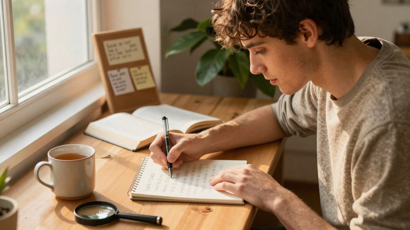 Jovem sentado à mesa a escrever num caderno à luz natural junto a uma janela com chá e livros.