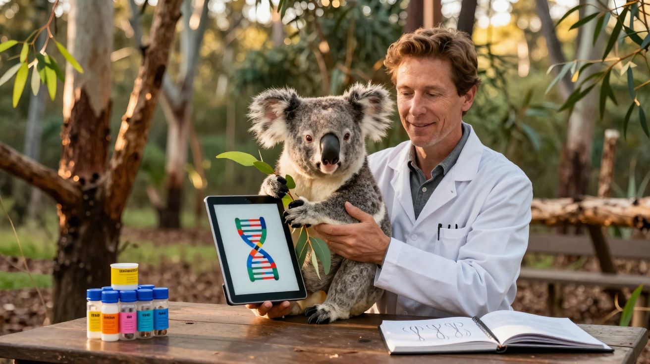 Cientista segura um coala com tablet a mostrar ADN, ao ar livre numa mesa com frascos coloridos e caderno.