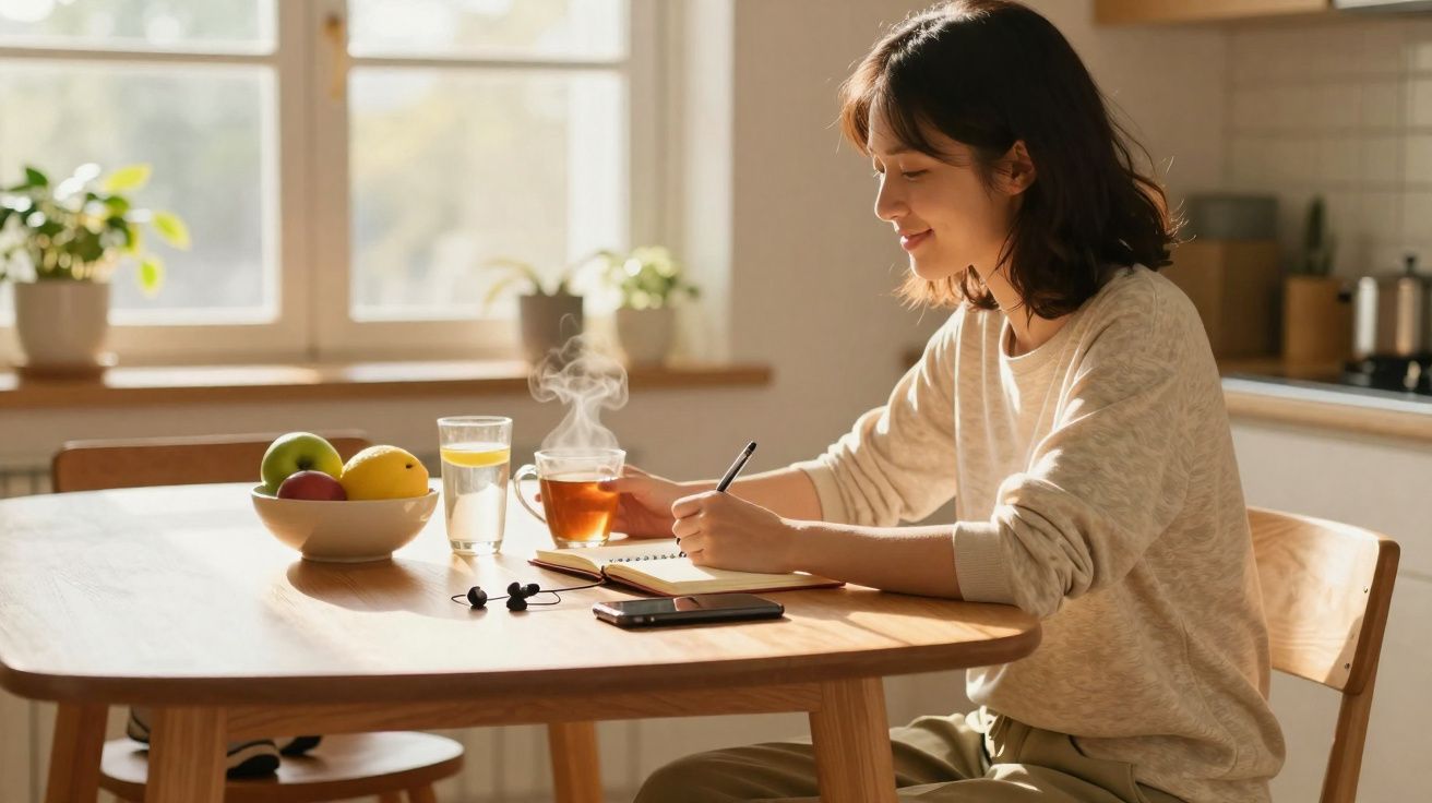 Mulher sentada à mesa na cozinha a escrever num caderno com chá quente e frutas numa tigela ao lado.