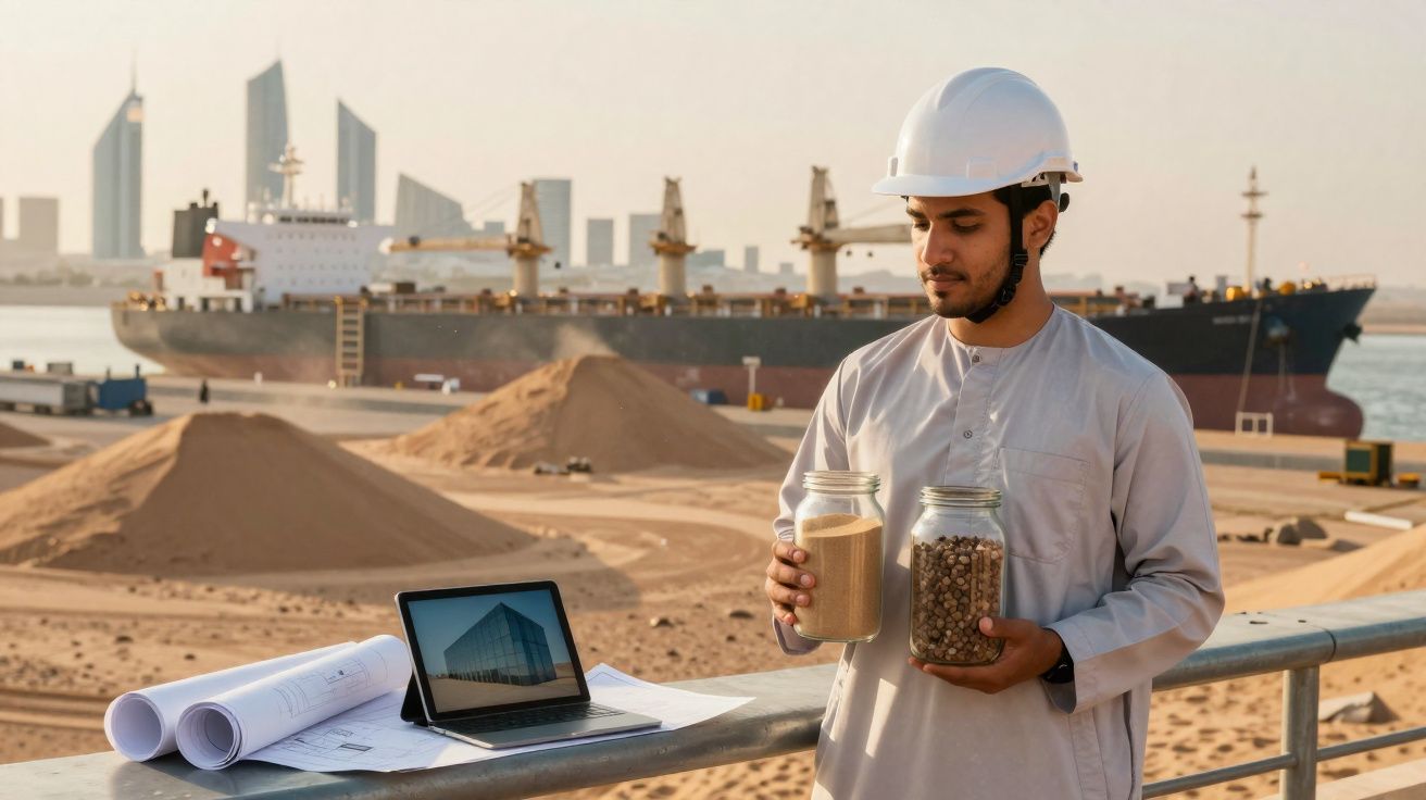 Engenheiro com capacete a segurar frascos com materiais de construção junto a um porto e navio cargueiro.