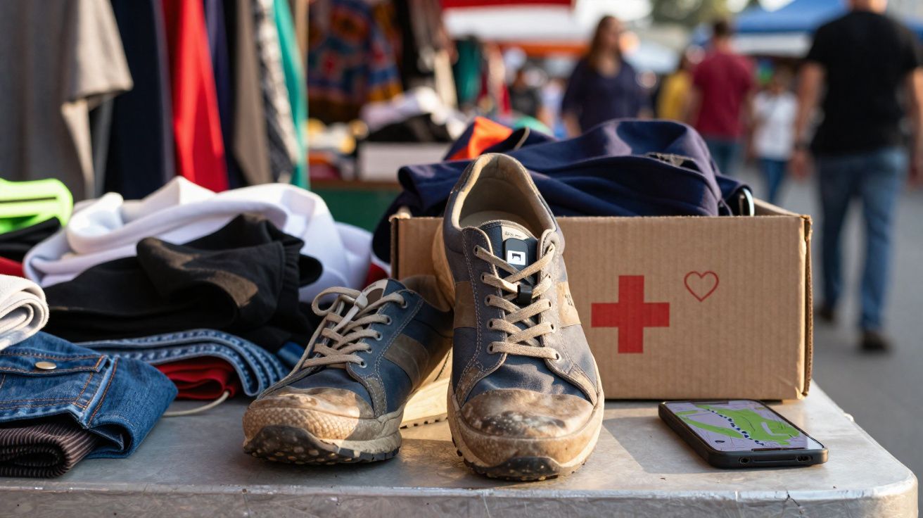 Ténis usados sujos e roupa dobrada numa mesa ao ar livre com caixa da Cruz Vermelha e telemóvel.