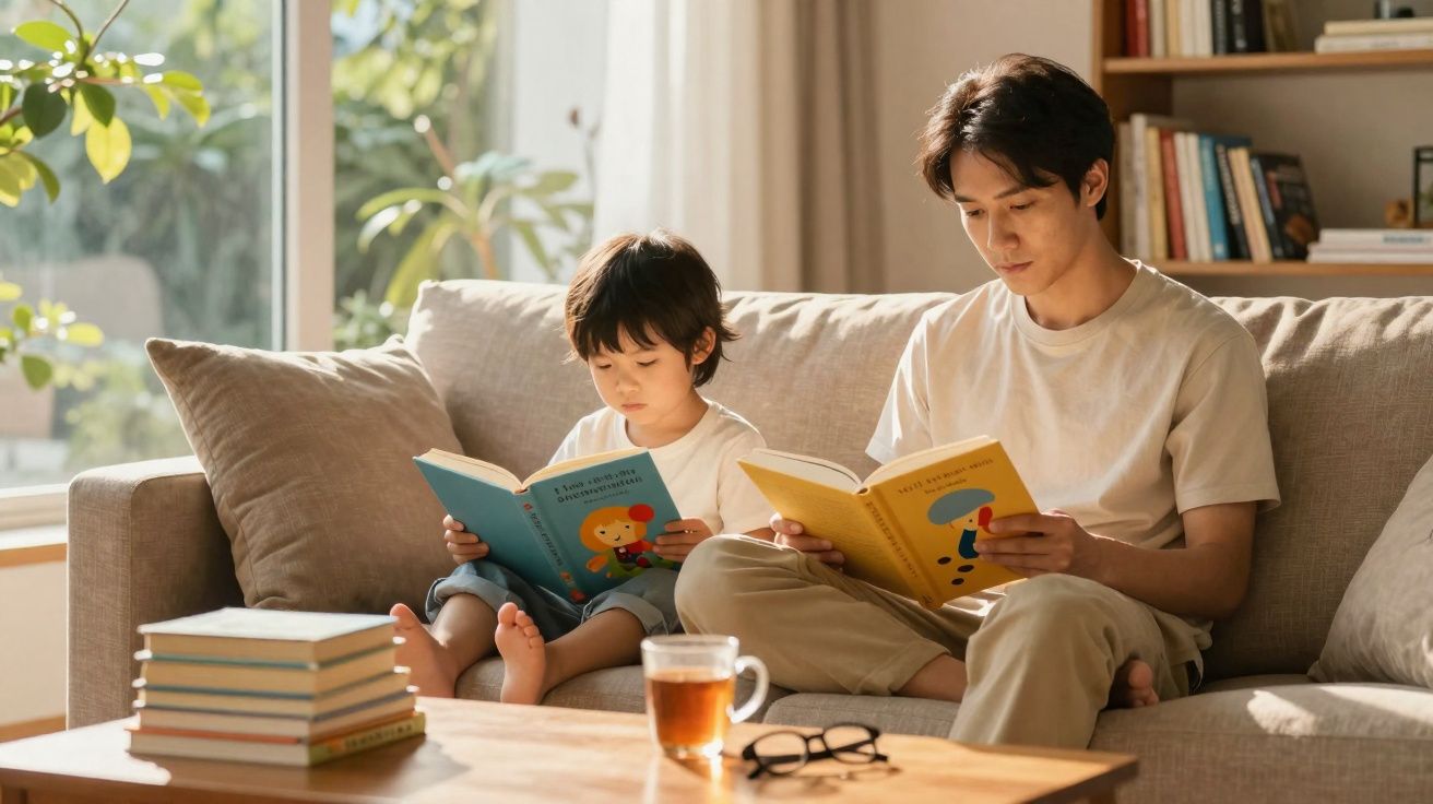 Pai e filho sentados no sofá a ler livros numa sala iluminada e acolhedora com janela e mesa à frente.