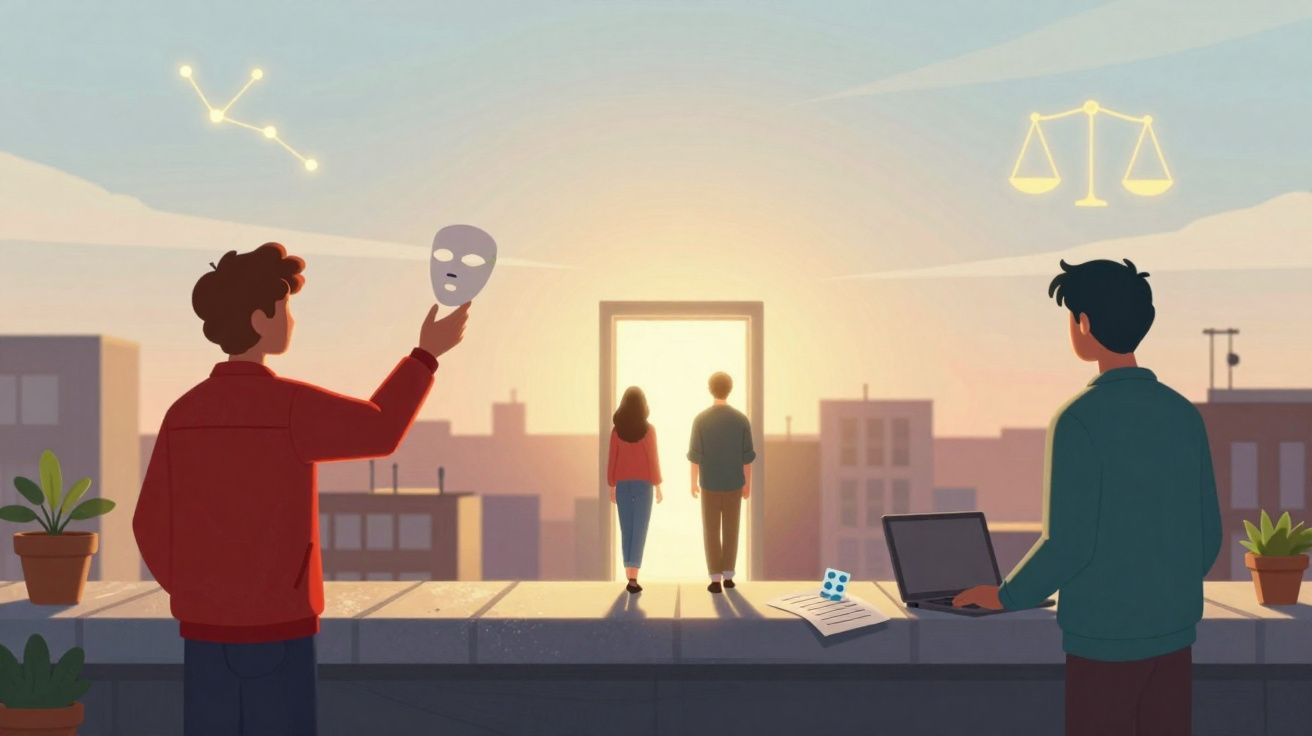 Duas pessoas caminham para porta luminosa enquanto duas figuras observam, uma segura máscara e outra usa portátil.