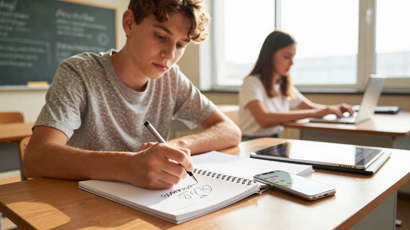 Rapaz a fazer anotações num caderno numa sala de aula, com rapariga a usar computador ao fundo.