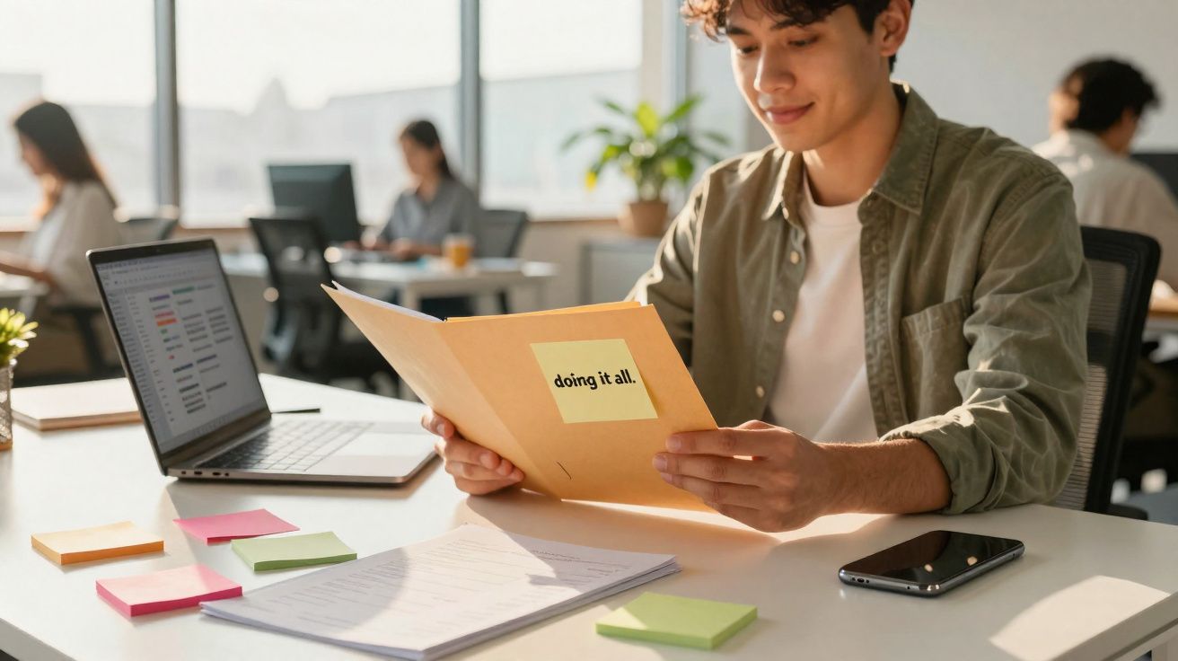 Homem jovem a trabalhar num escritório moderno, a ler um ficheiro com um post-it "doing it all".