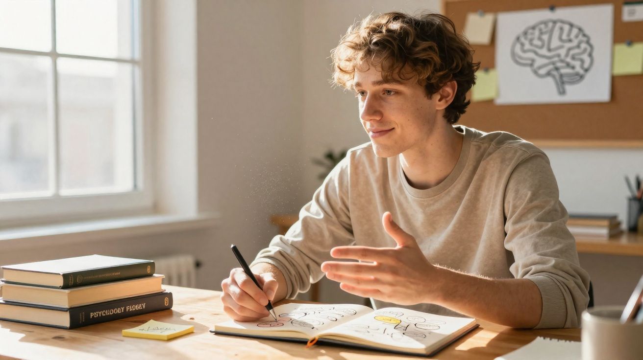 Jovem sentado a desenhar esquemas num caderno, junto a livros e notas numa mesa iluminada por janela.