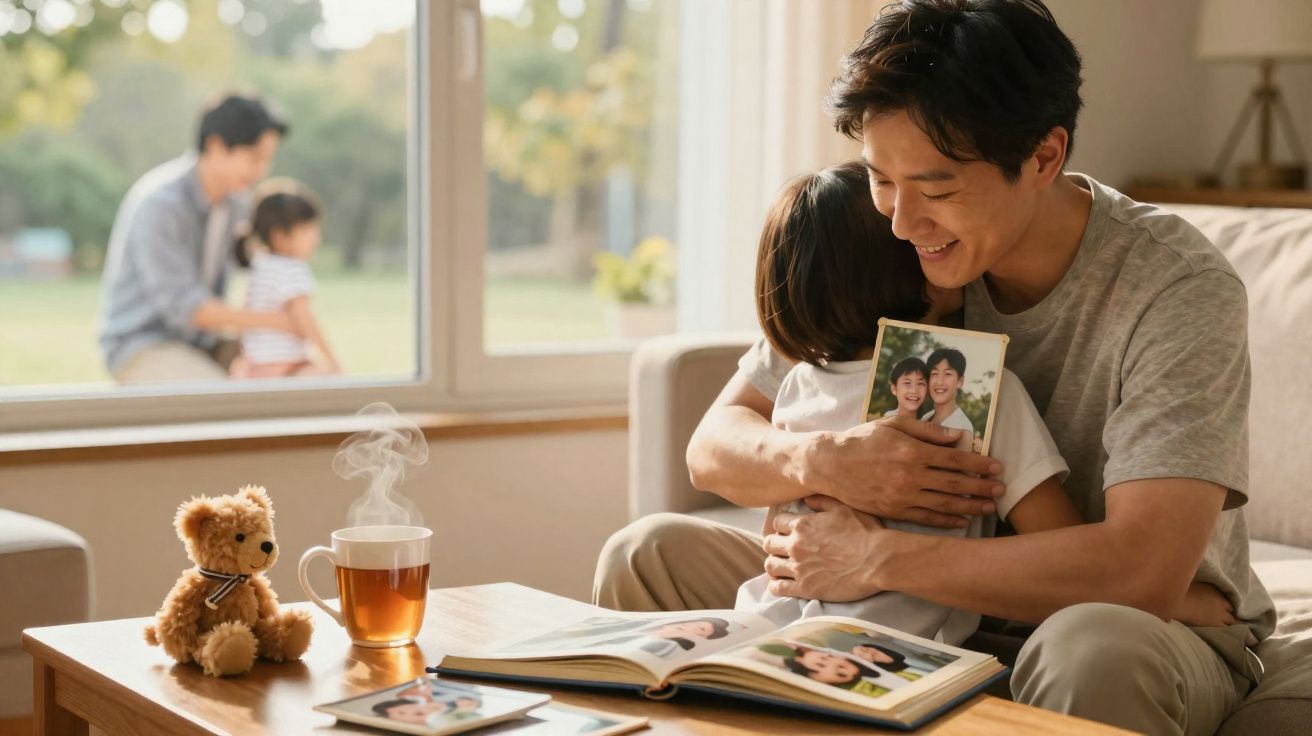 Pai e filha abraçados no sofá com fotografias de família na mesa à frente, ao lado de chá quente e ursinho de peluche.