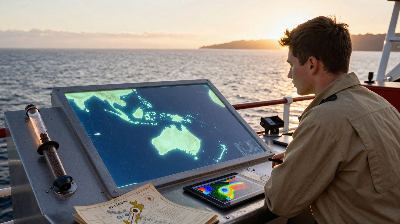 Homem a bordo de navio a analisar mapas digitais do Pacífico e documentos durante o pôr do sol.