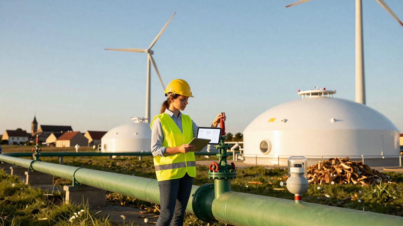 Engenheira com colete e capacete verifica válvula numa central de energias renováveis com turbinas eólicas.