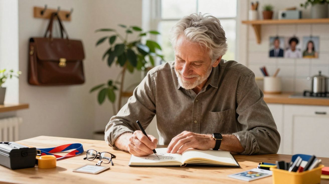 Homem idoso sentado à mesa a desenhar num caderno, rodeado de objetos de escritório e decoração acolhedora.