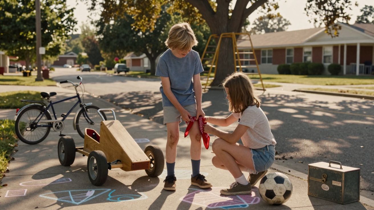 Criança a ajudar outra a limpar um ferimento no joelho num bairro com brinquedos dispersos na calçada.