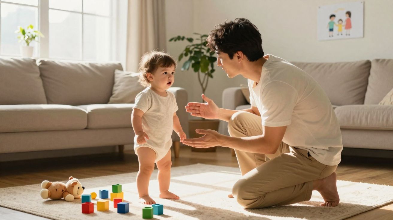 Homem ajoelhado a incentivar bebé a dar passos num ambiente luminoso e acolhedor na sala.