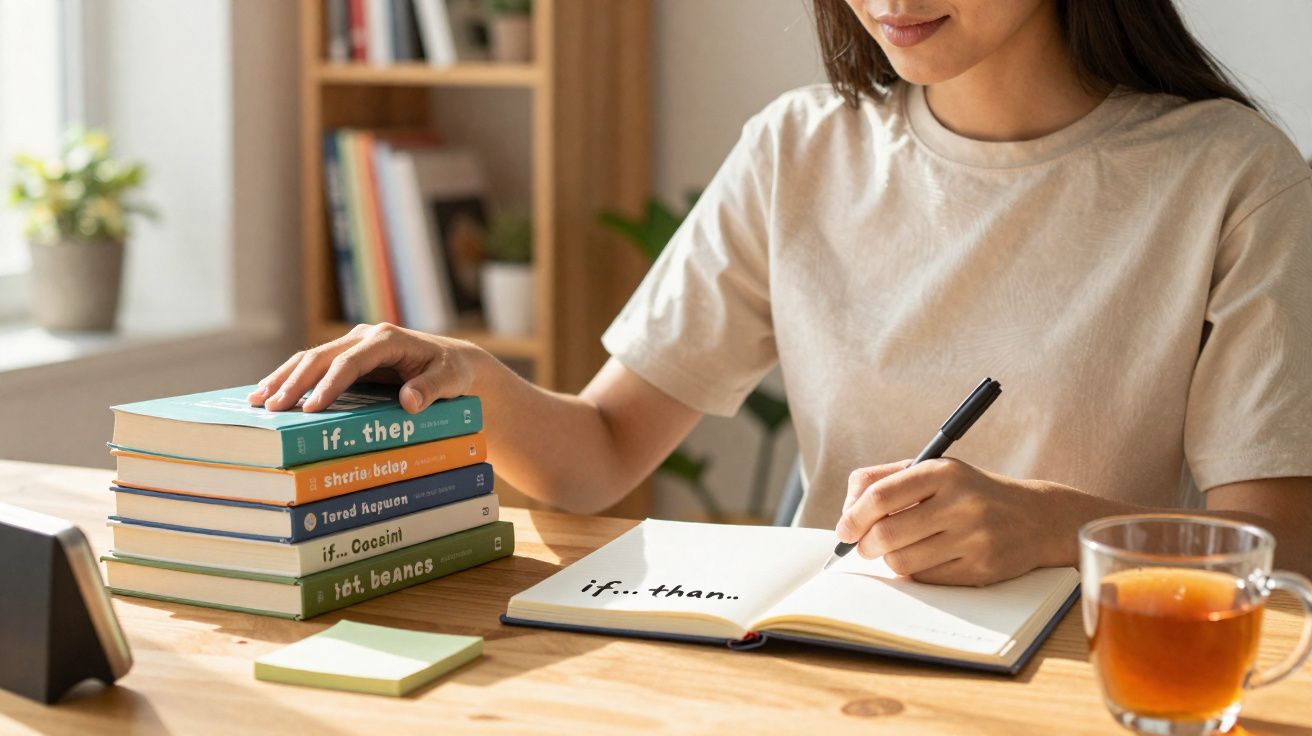 Mulher a escrever "if... than..." num caderno, ao lado de uma pilha de livros e uma chávena de chá num escritório.