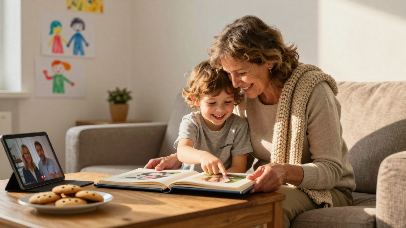 Avó e neto sorriem enquanto folheiam um livro, com pais a fazer videochamada num tablet, numa sala acolhedora.