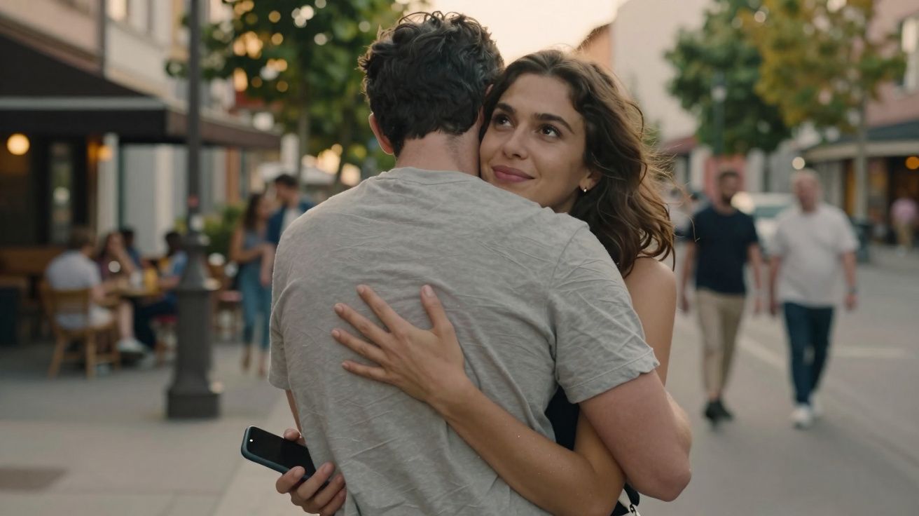 Casal abraçado na rua, mulher com expressão serena e homem de costas segurando telemóvel.