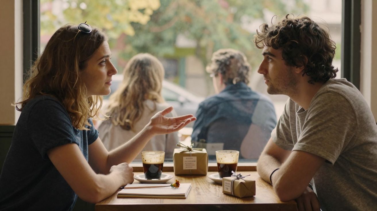 Casal sentado frente a frente numa cafetaria, com duas bebidas e presentes na mesa, conversando atentamente.