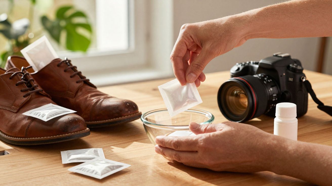 Mãos a abrir um saqueta com produto de limpeza junto a sapatos de pele, taça de vidro e câmera fotográfica.