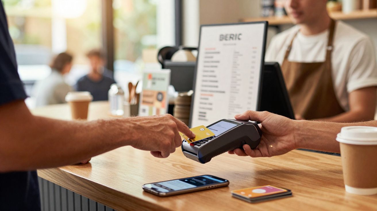 Cliente a pagar com cartão contactless numa máquina de pagamento num café com menu ao fundo.