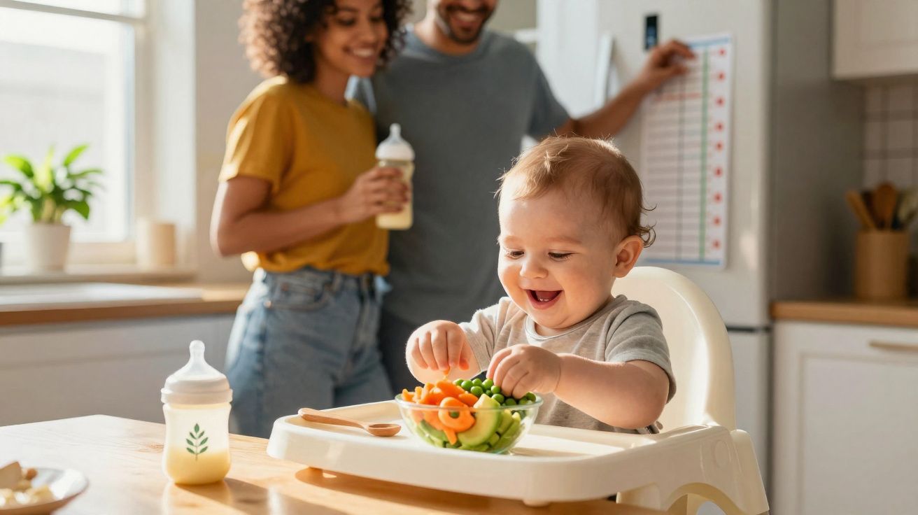Bebé sorridente na cadeira alta a brincar com legumes, pais ao fundo na cozinha moderna.