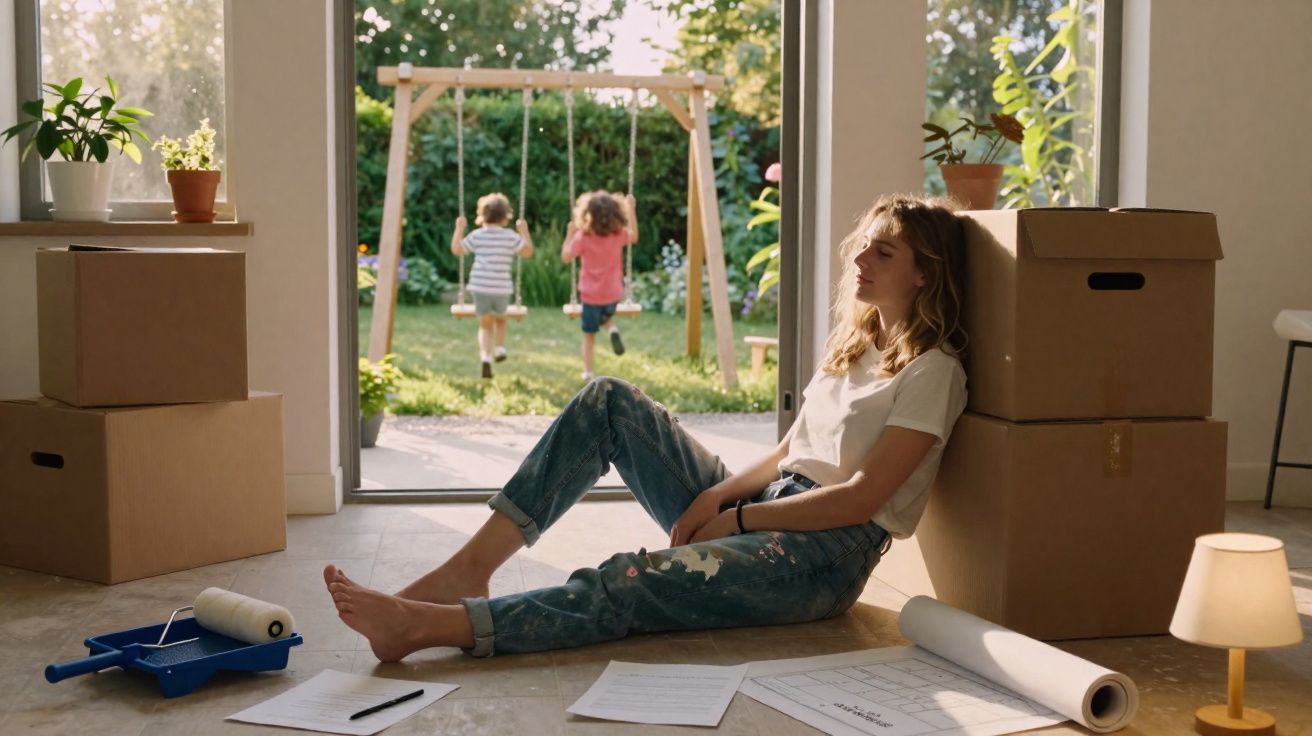 Mulher sentada no chão junto a caixas, enquanto crianças brincam no baloiço no jardim.