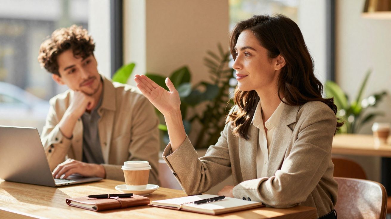 Mulher a falar durante reunião com colega atento em ambiente de escritório moderno e luminoso.