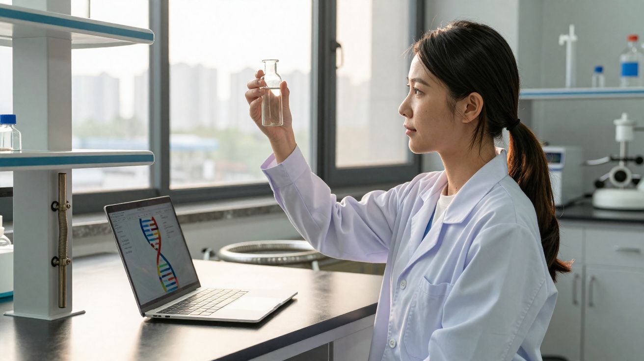 Cientista feminina em laboratório a analisar frasco transparente, com portátil mostrando imagem de ADN.