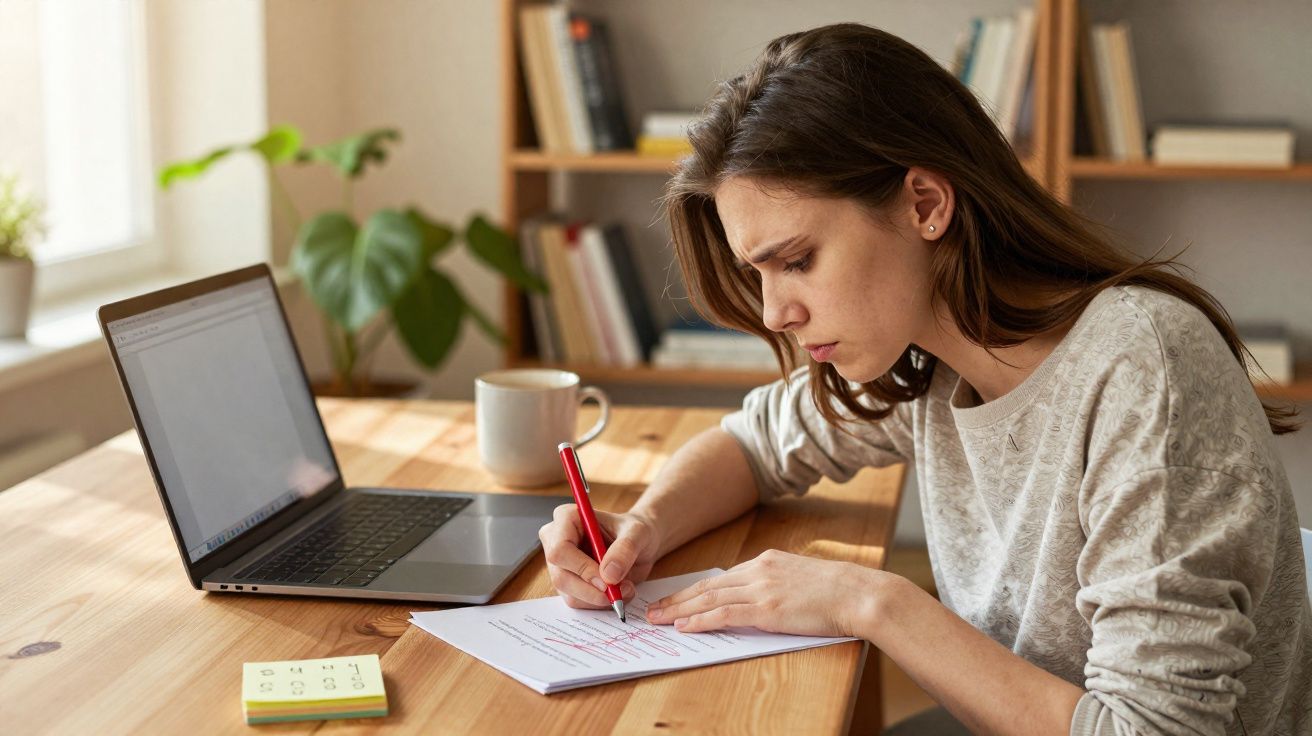 Mulher concentrada a corrigir documentos com caneta vermelha junto a laptop numa mesa de madeira.