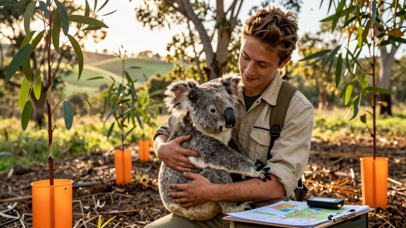 Jovem a segurar um koala sentado no chão num bosque com árvores jovens ao pôr do sol.