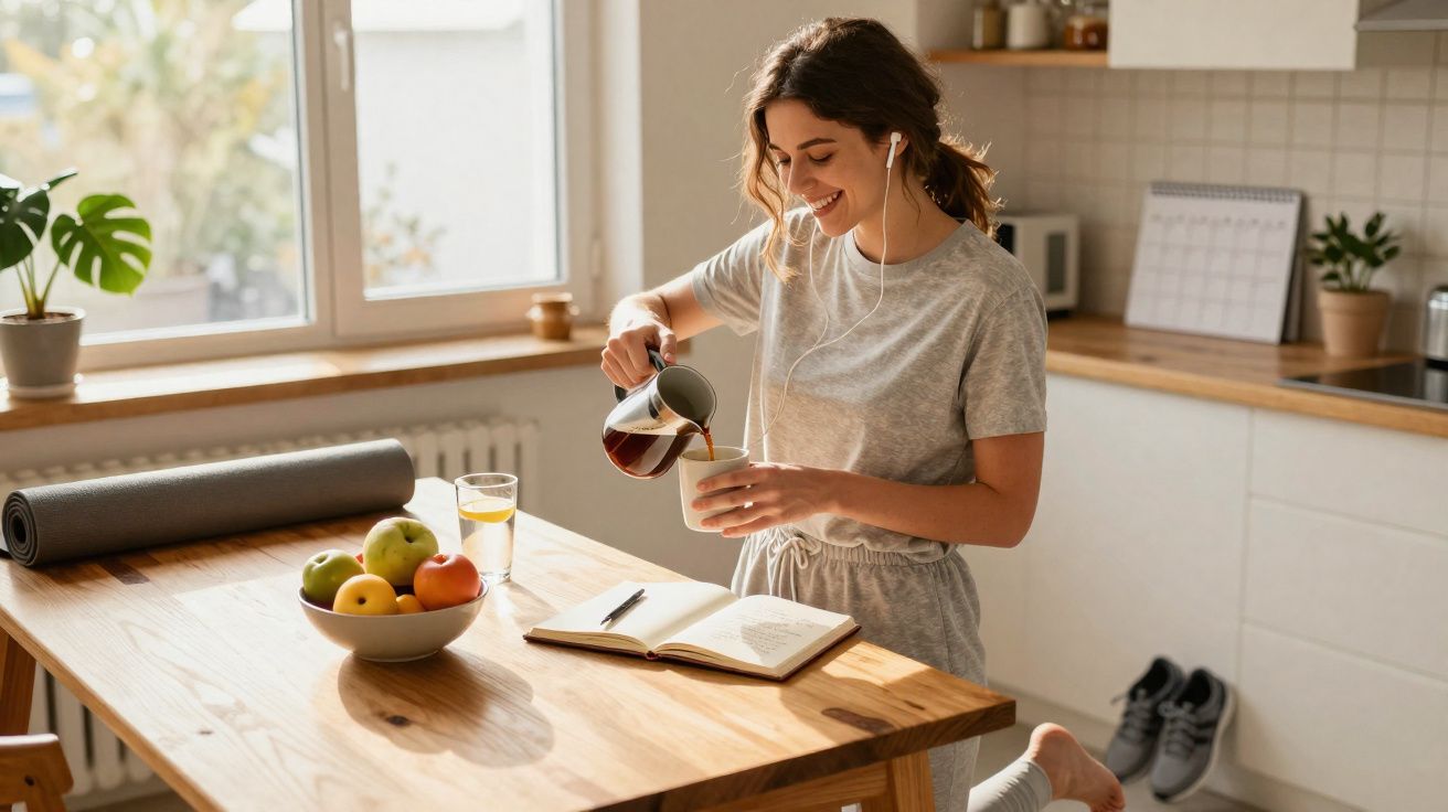 Mulher sorridente a ver podcast, a servir café e a ler numa cozinha moderna iluminada.