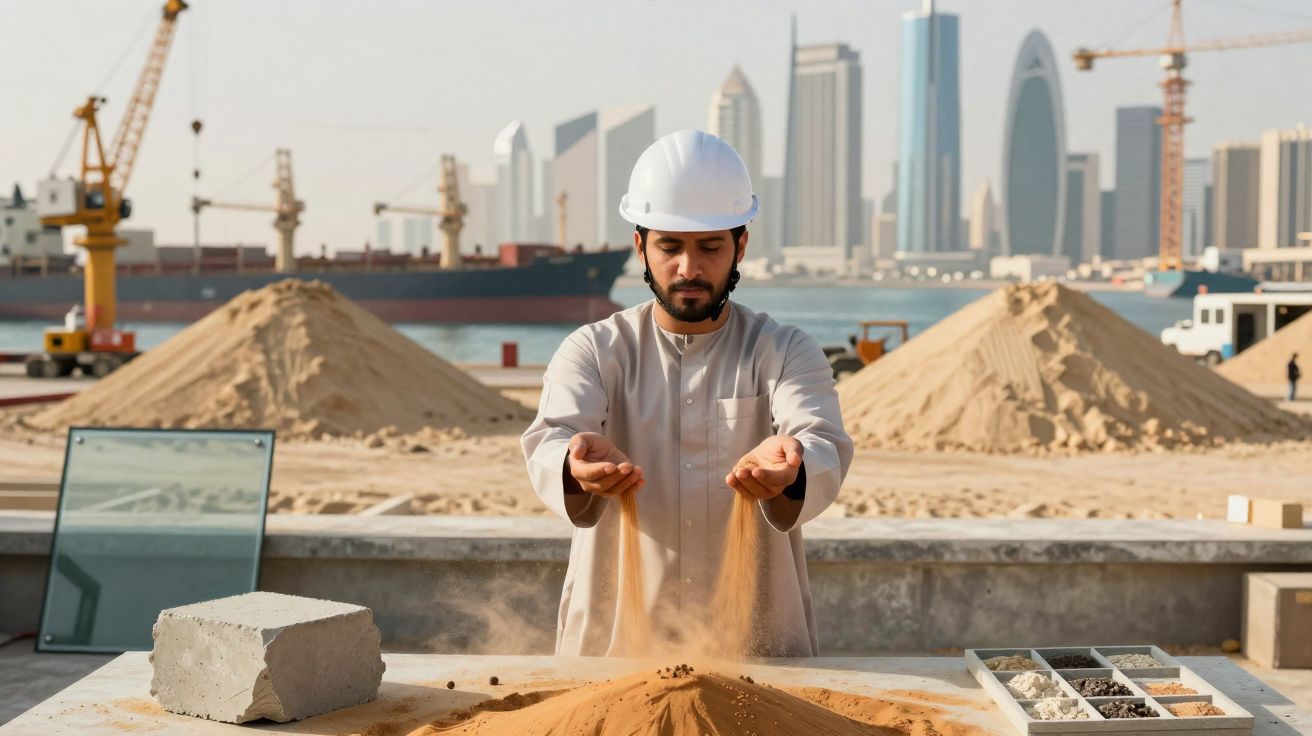 Homem com capacete branco manipula areia numa obra com gruas e edifícios ao fundo.
